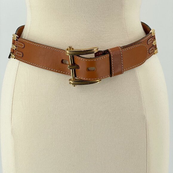 Luggage Tan Waist Belt Bold Gold Tone Buckle Made in Italy Women\'s Size Medium main image 8